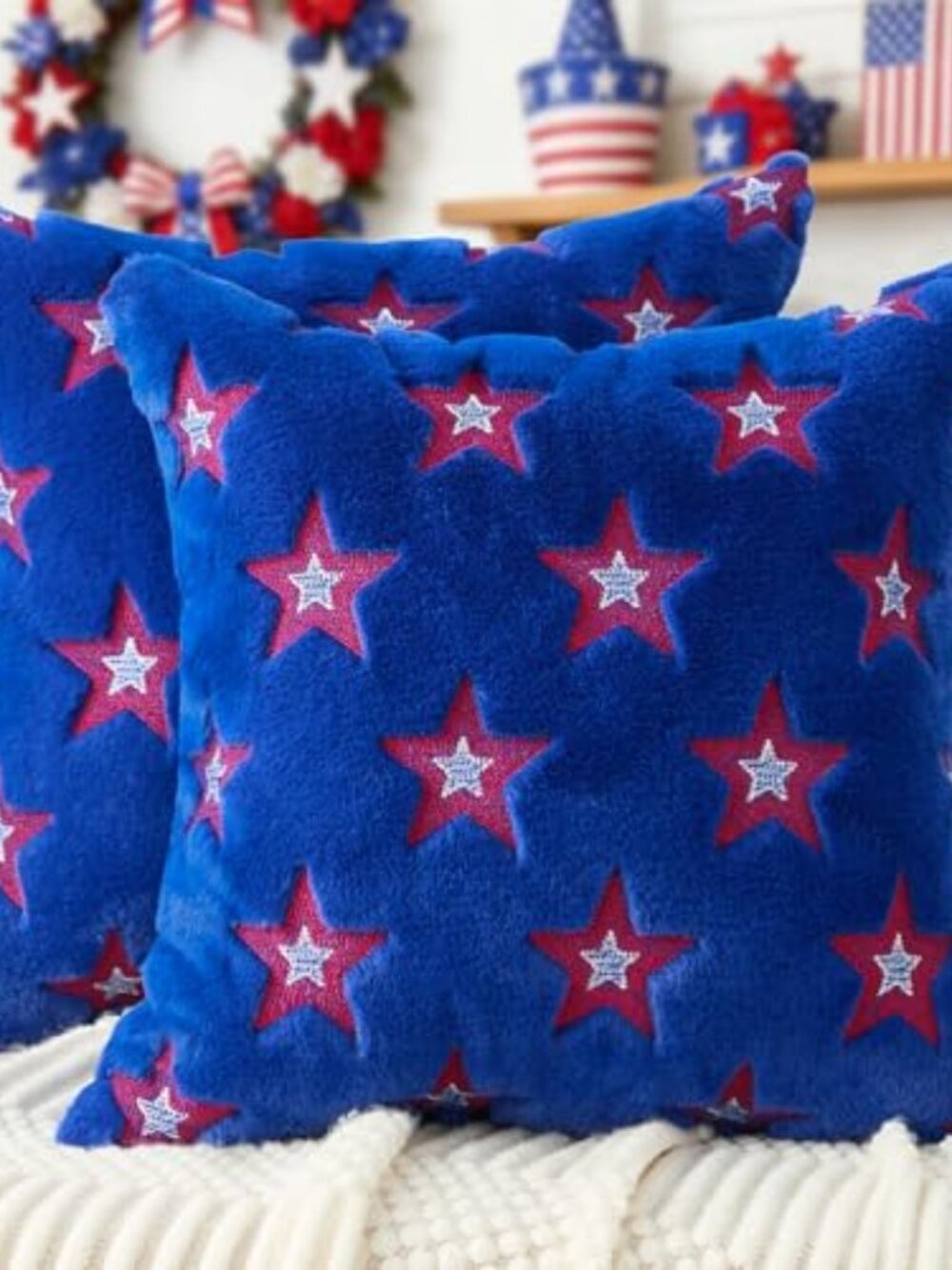 New - 4th of July Pillow Covers 18x18 inch Set of 2 Embroidered Stars Blue Soft